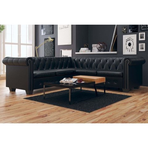 Sofa Chesterfield, pięcioosobowa, czarna, sztuczna skóra