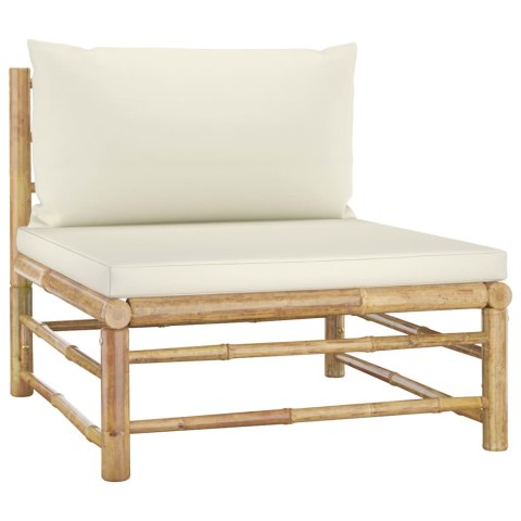 Ogrodowa sofa środkowa, śmietankowe poduszki, bambus