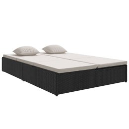 Rozkładane łóżko ogrodowe z poduszką, polirattan, czarne