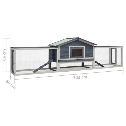Klatka dla królika, szara, 303x60x86 cm, drewno sosny i jodły