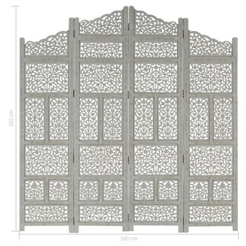 Parawan 4-panelowy, rzeźbiony, szary, 160x165 cm, drewno mango
