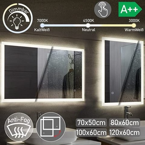 Aquamarin Lustro łazienkowe z oświetleniem LED 20W, 50x70cm Aquamarin Lustro łazienkowe z oświetleniem LED 20W, 50x70cm