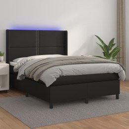 Łóżko kontynentalne z materacem i LED czarna ekoskóra 140x200cm