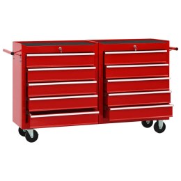 Wózek narzędziowy z 10 szufladami, stalowy, czerwony
