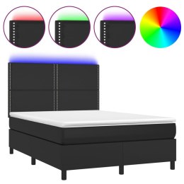 Łóżko kontynentalne, materac i LED, czarna ekoskóra, 140x190 cm