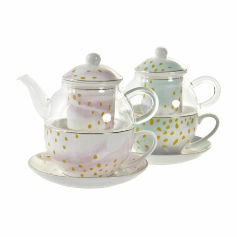 Dzbanek na herbatę DKD Home Decor Szkło Porcelana Różowy Przezroczysty Biały Kolor Zielony (2 Sztuk)