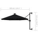 Parasol ścienny z LED, na metalowym słupku, 300 cm, czarny