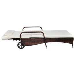 Leżak z poduszką i kółkami, rattan PE, brązowy