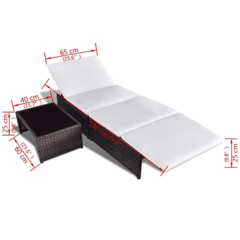 Leżaki ze stolikiem, 2 szt., polirattan, brązowe