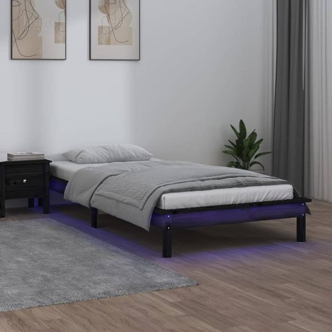 Rama łóżka z LED, czarna, 90x200 cm, lite drewno