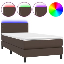 Łóżko kontynentalne z materacem i LED, brąz, ekoskóra 90x200 cm