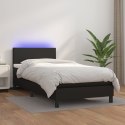 Łóżko kontynentalne z materacem i LED czarna ekoskóra 90x200 cm