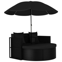 Łóżko ogrodowe z parasolem, polirattan, czarne
