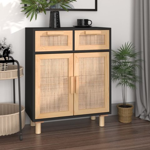 Komoda, czarna, 60x30x75 cm, lita sosna i naturalny rattan