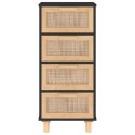 Komoda, czarna, 40x30x90 cm, lita sosna i naturalny rattan