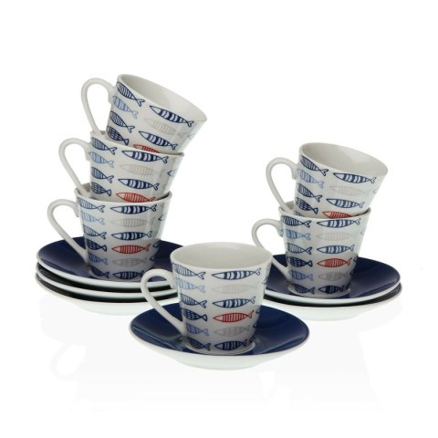 Zestaw filiżanek i talerzyków Versa Porcelana 5,8 x 6 x 5,8 cm Ryby Kawa (12 Części)