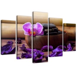 Obraz pięcioczęściowy na płótnie, Kompozycja zen z różową orchideą - 150x100