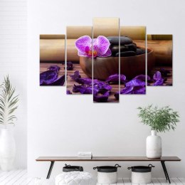 Obraz pięcioczęściowy na płótnie, Kompozycja zen z różową orchideą - 150x100