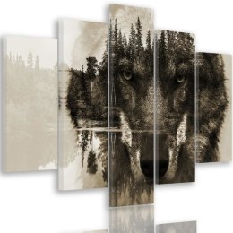 Obraz pięcioczęściowy na płótnie, Wilk na tle lasu - brązowy - 150x100