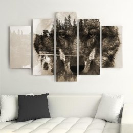 Obraz pięcioczęściowy na płótnie, Wilk na tle lasu - brązowy - 200x100