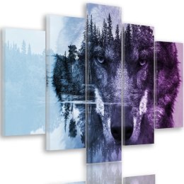 Obraz pięcioczęściowy na płótnie, Wilk na tle lasu - fioletowy - 100x70