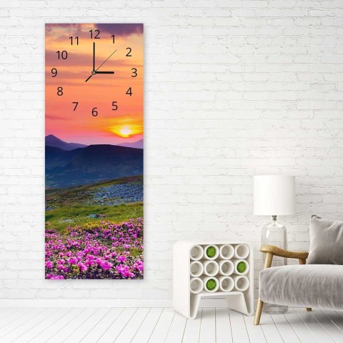 Obraz z zegarem, Górska łąka o zachodzie słońca - 25x65 Obraz z zegarem, Górska łąka o zachodzie słońca - 25x65