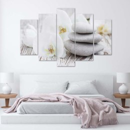 Obraz pięcioczęściowy na płótnie, Biała orchidea zen i kamienie - 100x70