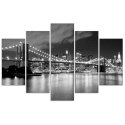 Obraz pięcioczęściowy na płótnie, Brooklyn Bridge nocą czarno-biały - 200x100