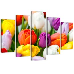 Obraz pięcioczęściowy na płótnie, Kolorowe tulipany - 150x100