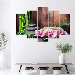 Obraz pięcioczęściowy na płótnie, Kompozycja zen z orchideą i bambusem - 150x100