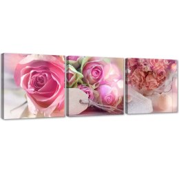 Zestaw obrazów na płótnie, 3 różowe róże - 120x40