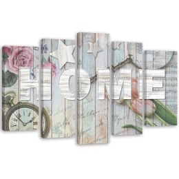Obraz pięcioczęściowy na płótnie, Napis Home szare drewno i kwiaty - 100x70