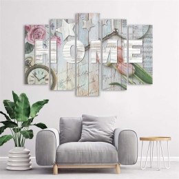 Obraz pięcioczęściowy na płótnie, Napis Home szare drewno i kwiaty - 100x70