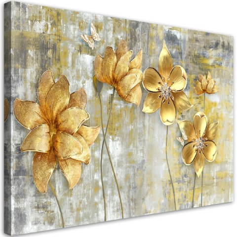 Obraz na płótnie, Złote kwiaty i motyle - 120x80