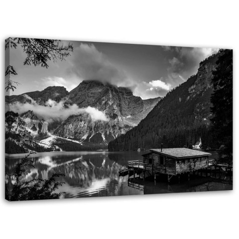 Obraz na płótnie, Domek nad górskim jeziorem - czarno-biały - 60x40