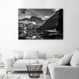 Obraz na płótnie, Domek nad górskim jeziorem - czarno-biały - 90x60