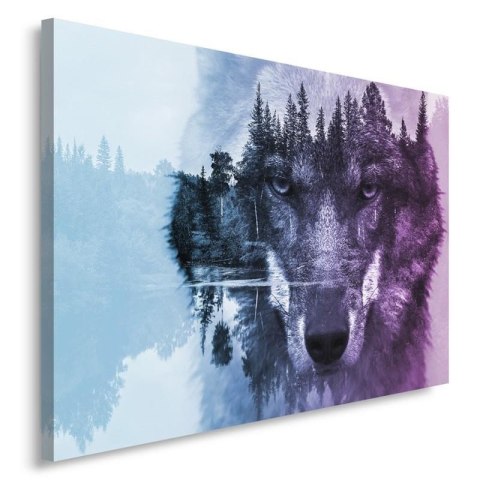 Obraz na płótnie, Wilk na tle lasu - fioletowy nowoczesny - 100x70