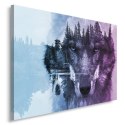 Obraz na płótnie, Wilk na tle lasu - fioletowy nowoczesny - 90x60