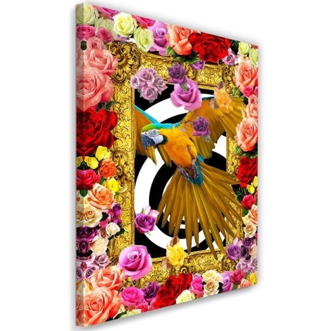 Obraz na płótnie, Papuga i kolorowe kwiaty - 60x90