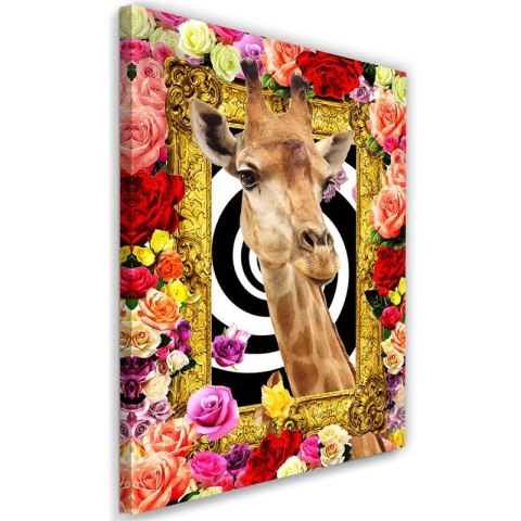 Obraz na płótnie, Żyrafa i kolorowe róże - 40x60