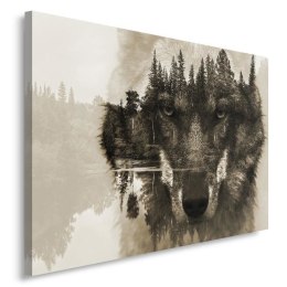 Obraz na płótnie, Wilk na tle lasu - brązowy - 90x60