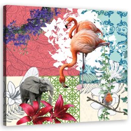 Obraz na płótnie, Flaming, Słoń, Ptak, kolaż, kolorowy - 30x30