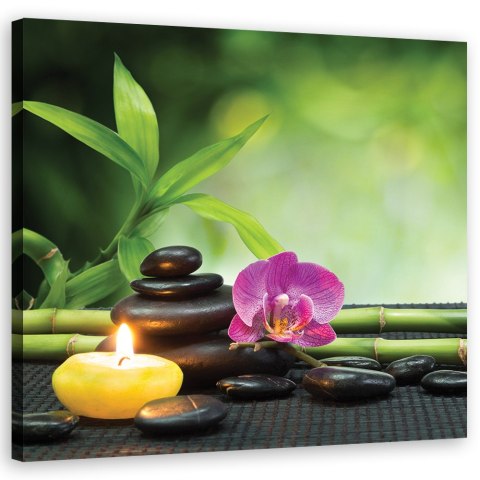 Obraz na płótnie, Kompozycja zen ze świecą i kwiatami - 30x30