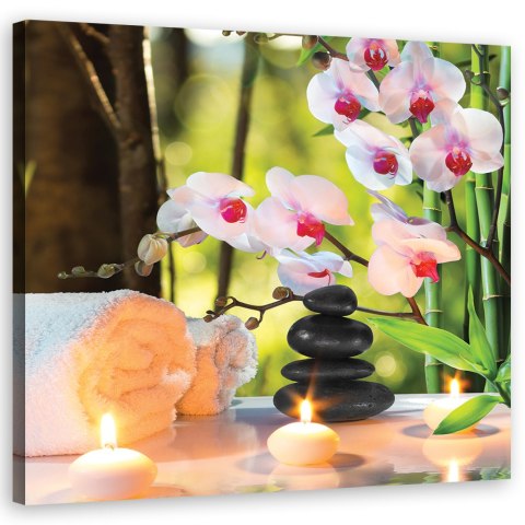 Obraz na płótnie, Spa świece i kwiaty orchidei - 50x50