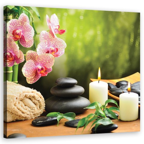 Obraz na płótnie, Świece orchidea i kamienie zen - 30x30