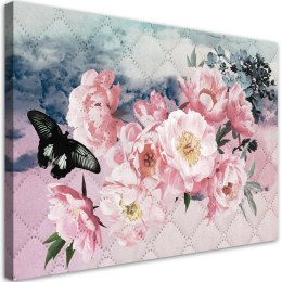 Obraz na płótnie, Różowe kwiaty i czarny motyl - 90x60