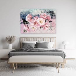 Obraz na płótnie, Różowe kwiaty i czarny motyl - 90x60