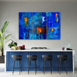 Obraz trzyczęściowy na płótnie, Niebieska abstrakcja ręcznie malowana - 150x100