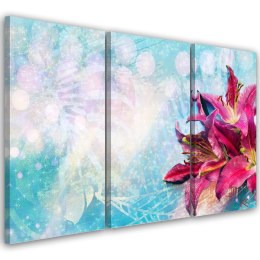 Obraz 3 częściowy na płótnie, Różowe kwiaty na niebieskim tle - 120x80