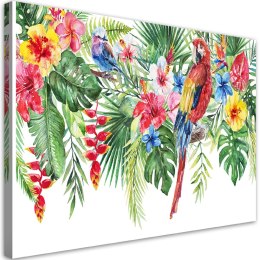 Obraz na płótnie, Liście kwiaty papuga tropikalne - 120x80